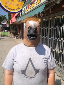 His horse mask. Since the trip he has been wearing this around town and getting some very odd looks.